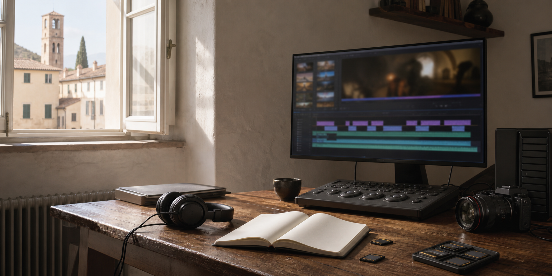 Postazione editoriale di videomontaggio con monitor, schede memoria e luce naturale