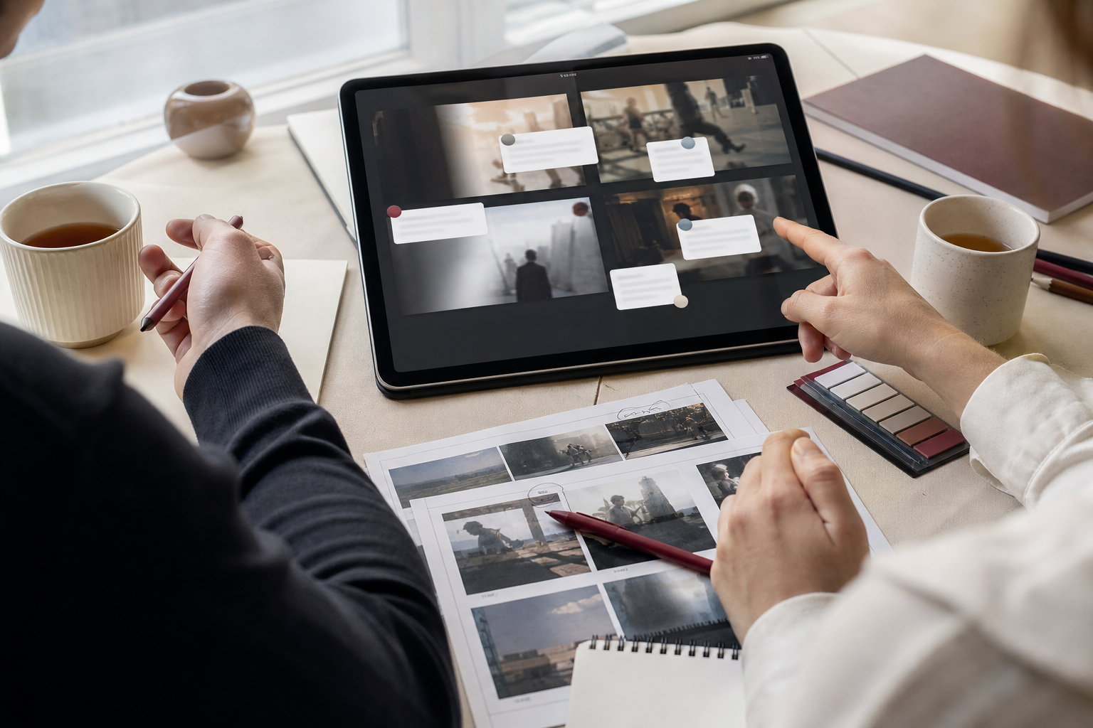 Tavolo di revisione video con tablet e schede fotogramma senza testo